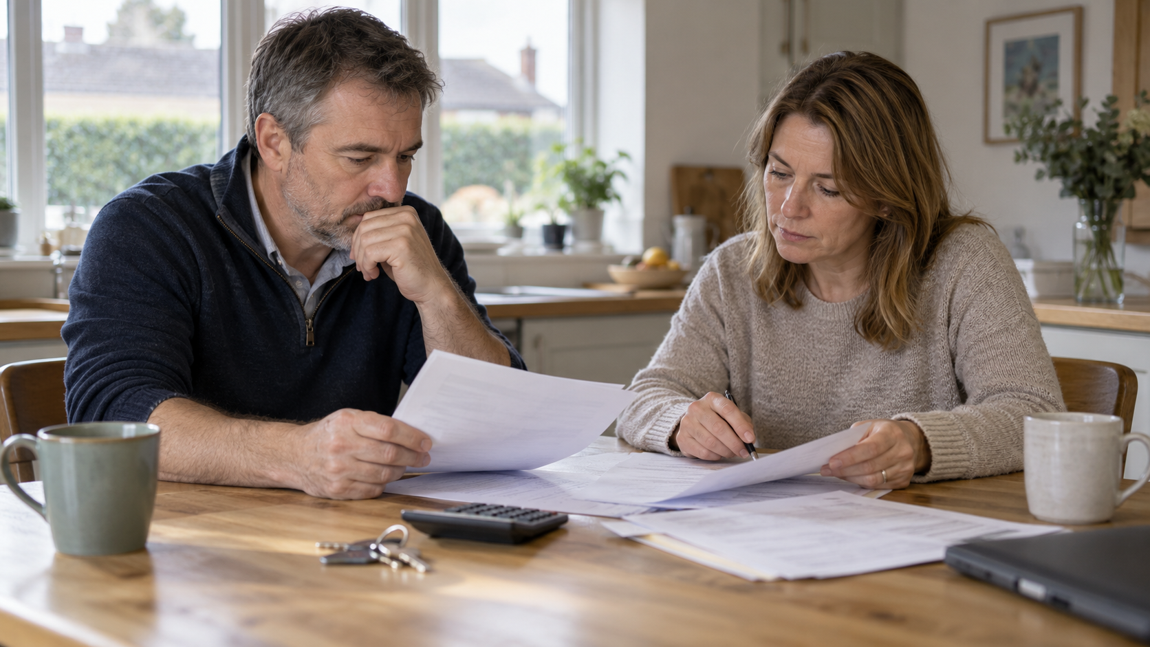 A couple reviewing financial documents at home during a divorce in Ireland.