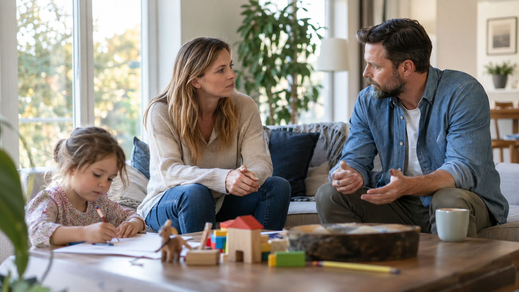 Parents discussing child arrangements while their daughter draws at home.